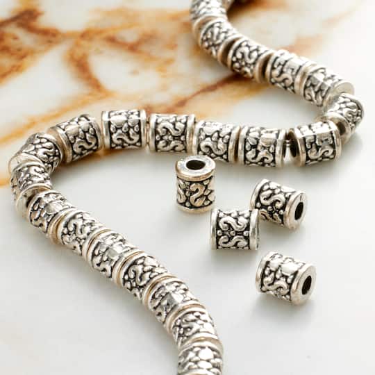 50 ANTIQUED SILVER PLATED BEADED TUBE BEADS 6MM 
